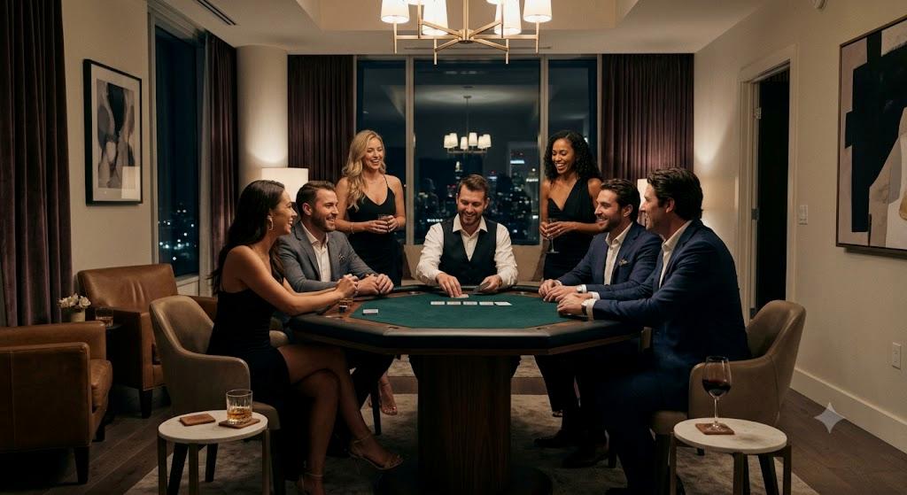 Intimate private gathering with poker table in luxury apartment setting