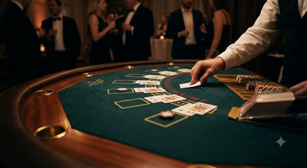 Blackjack table with professional felt and card shoe