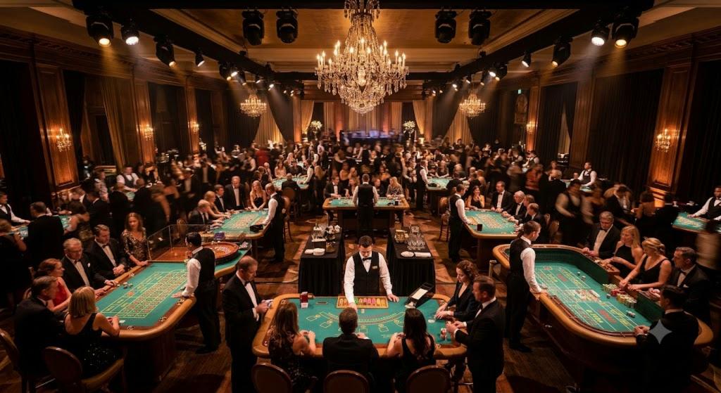 Prestige Event Dealers casino night atmosphere — full ballroom with multiple gaming tables