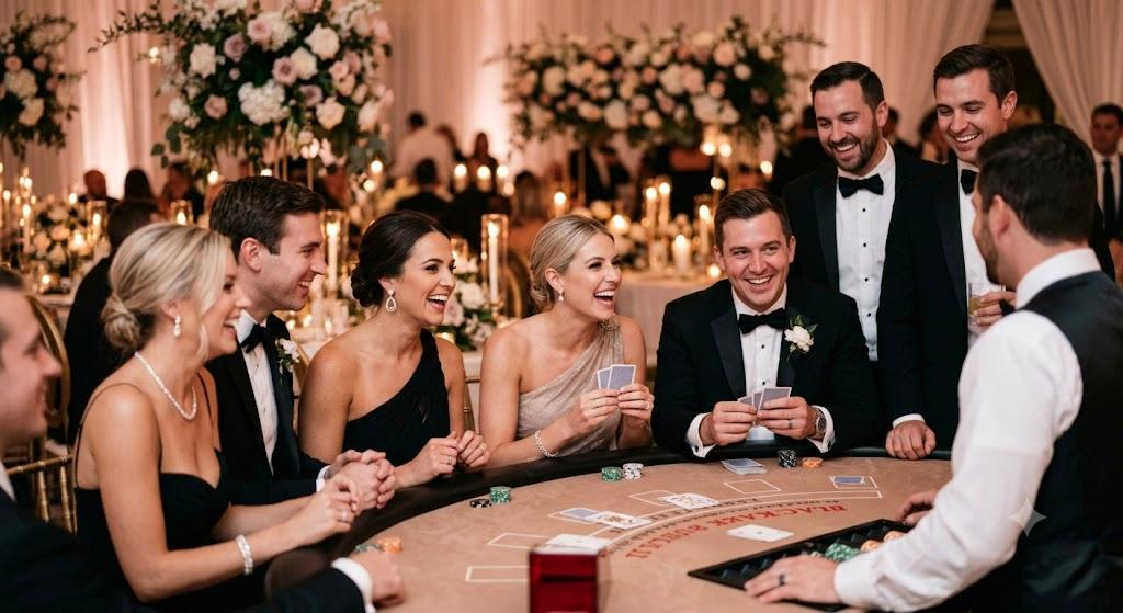 Wedding reception with casino tables and floral arrangements