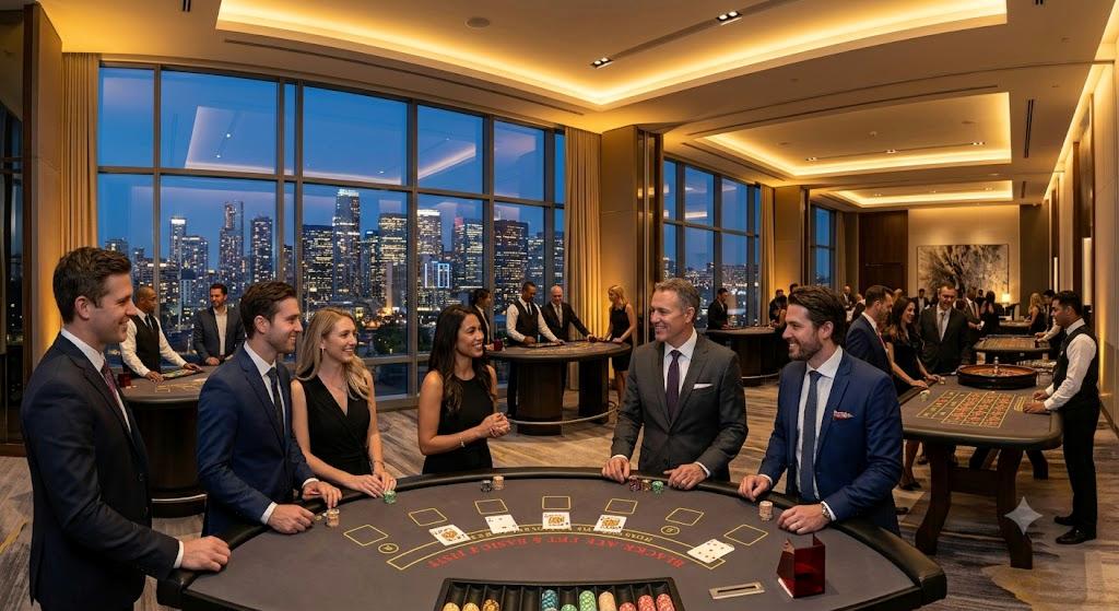 Corporate casino night event with guests in formal attire