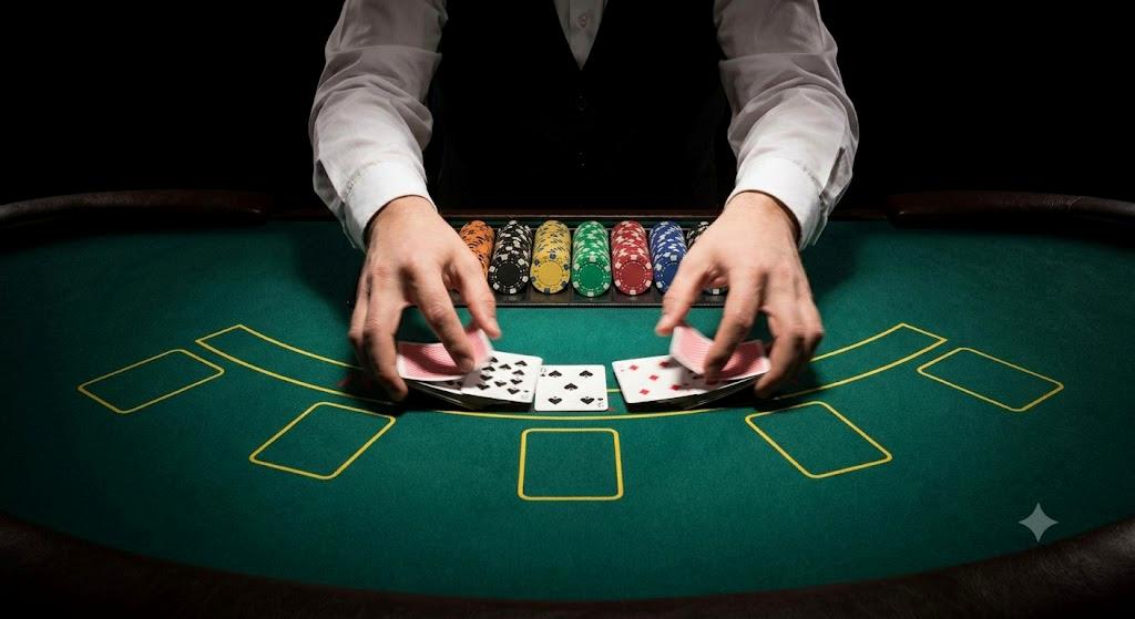 Professional poker table setup with casino-weight chips
